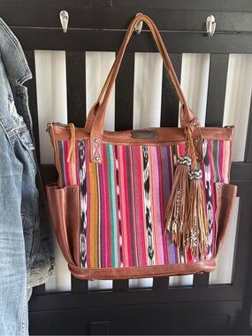Nena & Co Convertible Leather + Handwoven Textile Crossbody Tote Backpack